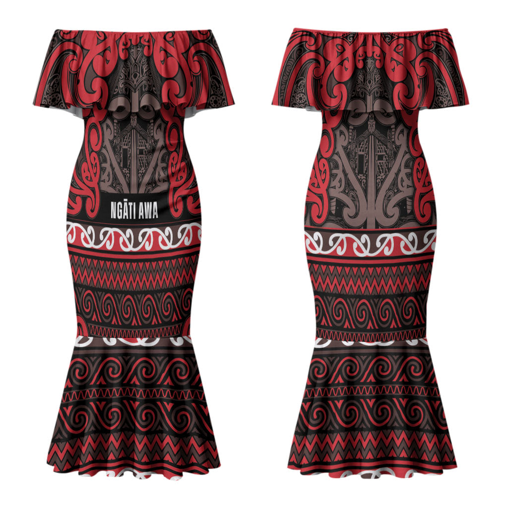 Aotearoa Iwi Ngati Awa Couples Matching Mermaid Dress and Long Sleeve Button Shirt Maori Wharenui House Tribal Pattern