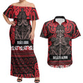 Aotearoa Iwi Ngati Awa Couples Matching Off Shoulder Maxi Dress and Hawaiian Shirt Maori Wharenui House Tribal Pattern