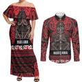 Aotearoa Iwi Ngati Awa Couples Matching Off Shoulder Maxi Dress and Long Sleeve Button Shirt Maori Wharenui House Tribal Pattern