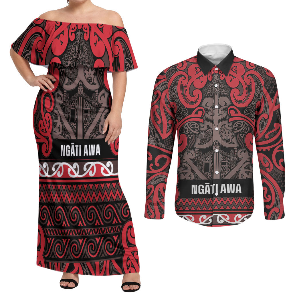 Aotearoa Iwi Ngati Awa Couples Matching Off Shoulder Maxi Dress and Long Sleeve Button Shirt Maori Wharenui House Tribal Pattern