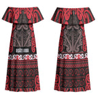 Aotearoa Iwi Ngati Awa Couples Matching Off Shoulder Maxi Dress and Long Sleeve Button Shirt Maori Wharenui House Tribal Pattern