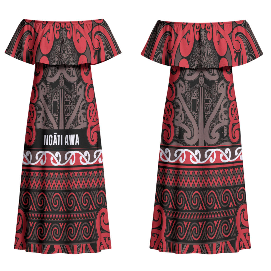 Aotearoa Iwi Ngati Awa Couples Matching Off Shoulder Maxi Dress and Long Sleeve Button Shirt Maori Wharenui House Tribal Pattern