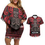 Aotearoa Iwi Ngati Awa Couples Matching Off Shoulder Short Dress and Hawaiian Shirt Maori Wharenui House Tribal Pattern