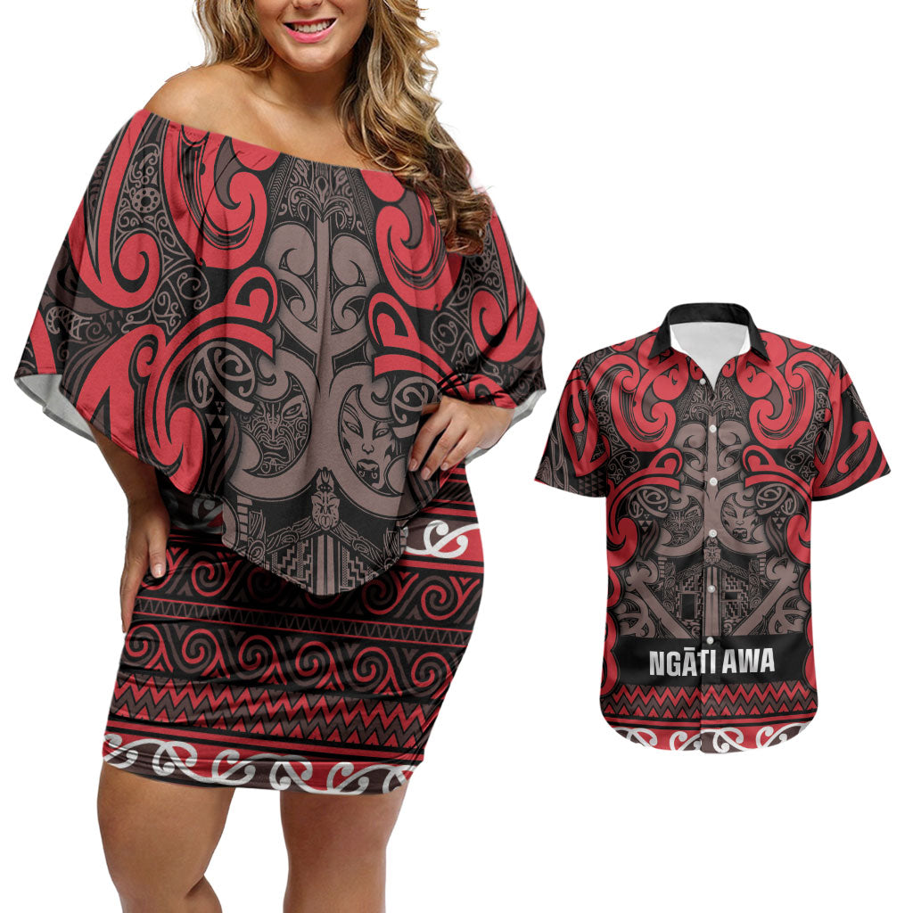 Aotearoa Iwi Ngati Awa Couples Matching Off Shoulder Short Dress and Hawaiian Shirt Maori Wharenui House Tribal Pattern