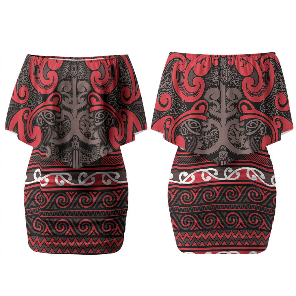 Aotearoa Iwi Ngati Awa Couples Matching Off Shoulder Short Dress and Hawaiian Shirt Maori Wharenui House Tribal Pattern