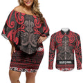 Aotearoa Iwi Ngati Awa Couples Matching Off Shoulder Short Dress and Long Sleeve Button Shirt Maori Wharenui House Tribal Pattern