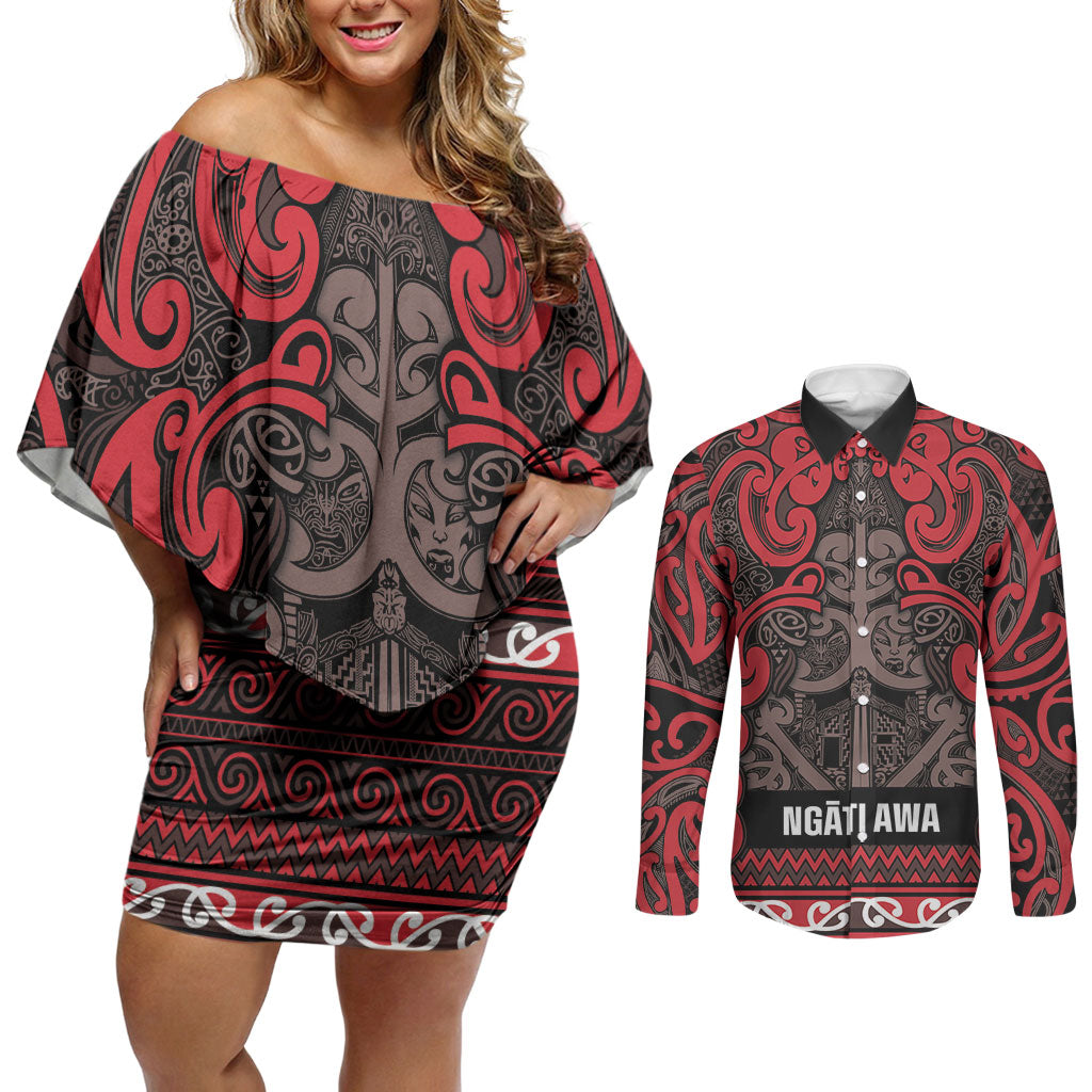 Aotearoa Iwi Ngati Awa Couples Matching Off Shoulder Short Dress and Long Sleeve Button Shirt Maori Wharenui House Tribal Pattern
