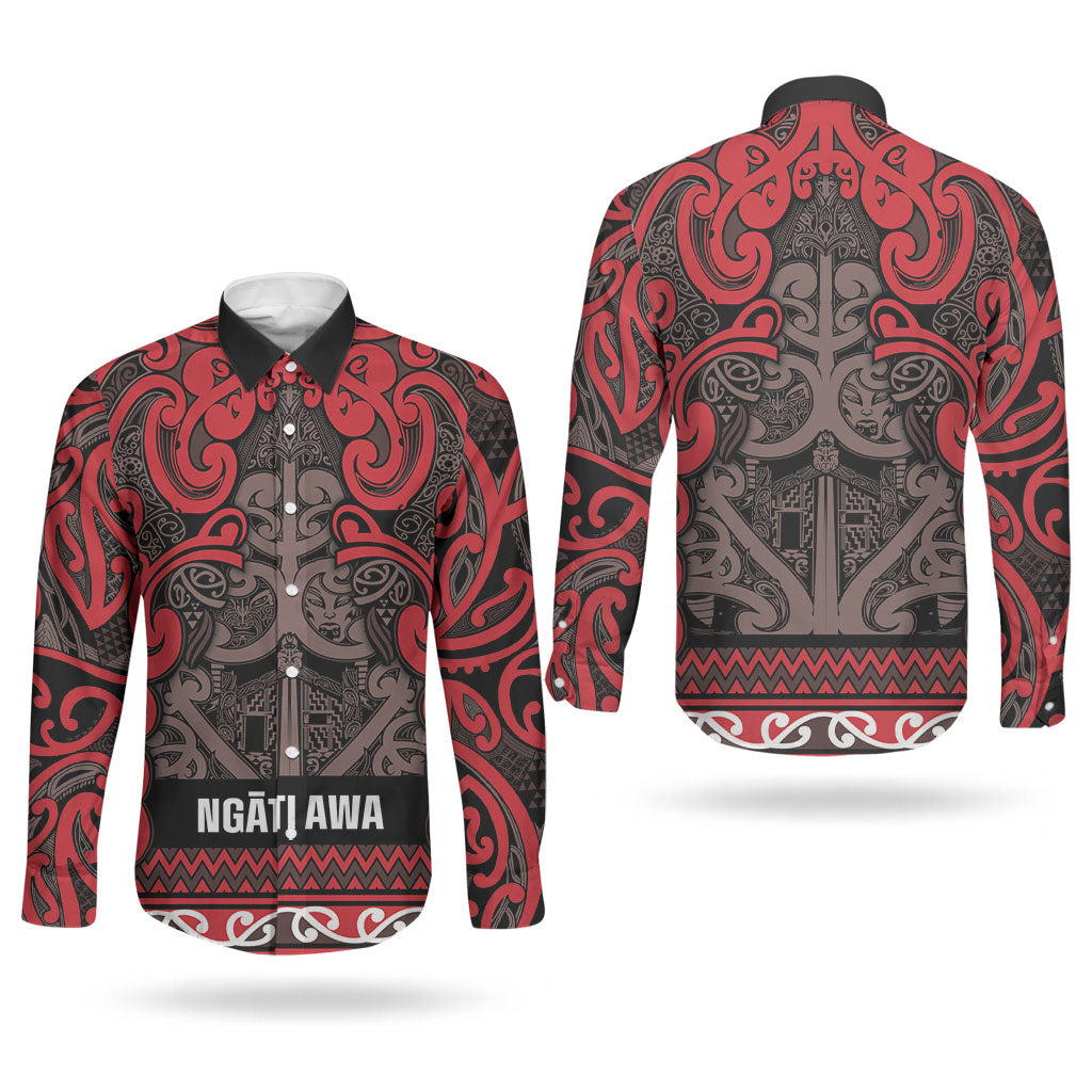 Aotearoa Iwi Ngati Awa Couples Matching Off Shoulder Short Dress and Long Sleeve Button Shirt Maori Wharenui House Tribal Pattern