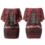 Aotearoa Iwi Ngati Awa Couples Matching Off Shoulder Short Dress and Long Sleeve Button Shirt Maori Wharenui House Tribal Pattern