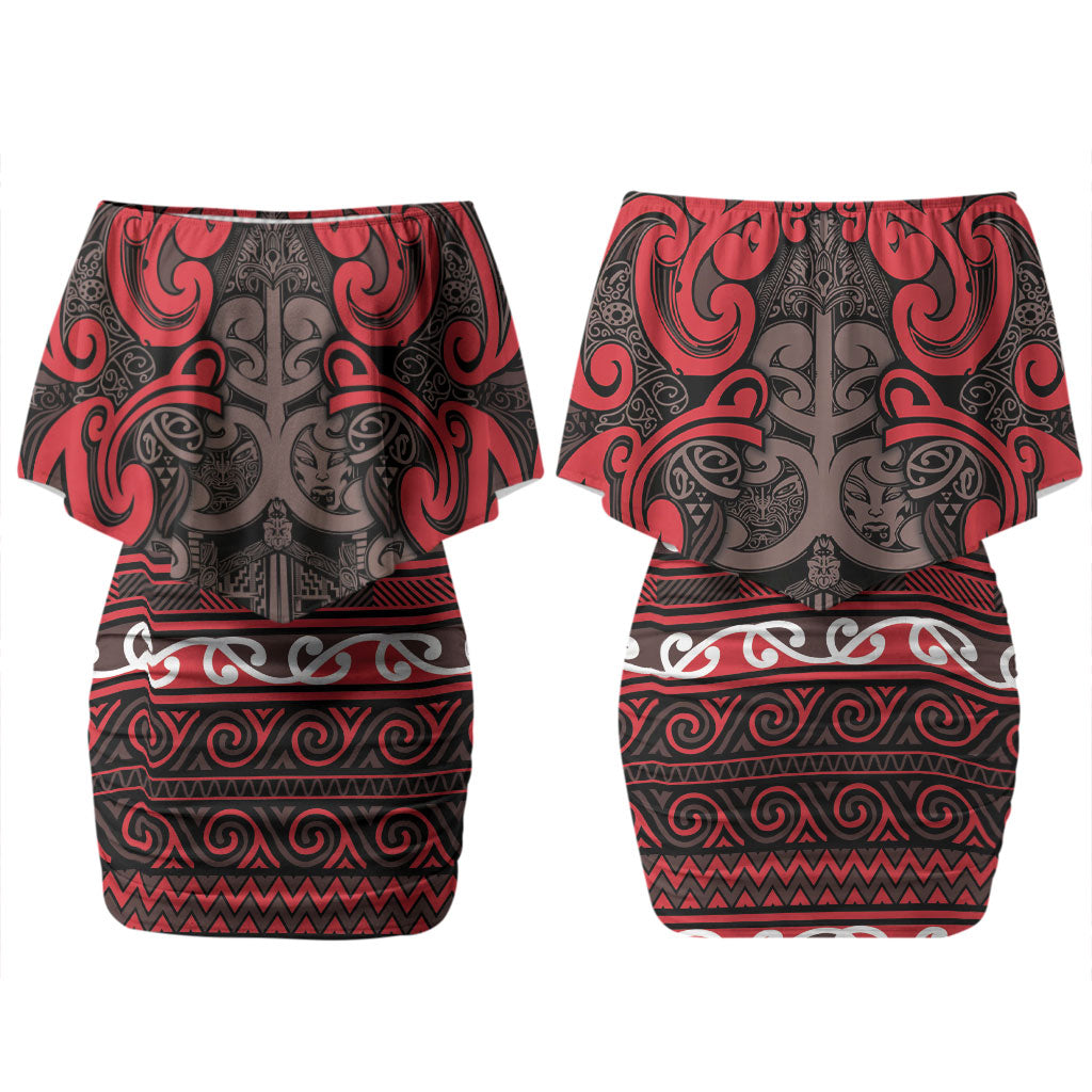 Aotearoa Iwi Ngati Awa Couples Matching Off Shoulder Short Dress and Long Sleeve Button Shirt Maori Wharenui House Tribal Pattern