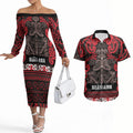 Aotearoa Iwi Ngati Awa Couples Matching Off The Shoulder Long Sleeve Dress and Hawaiian Shirt Maori Wharenui House Tribal Pattern