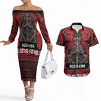 Aotearoa Iwi Ngati Awa Couples Matching Off The Shoulder Long Sleeve Dress and Hawaiian Shirt Maori Wharenui House Tribal Pattern