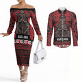 Aotearoa Iwi Ngati Awa Couples Matching Off The Shoulder Long Sleeve Dress and Long Sleeve Button Shirt Maori Wharenui House Tribal Pattern