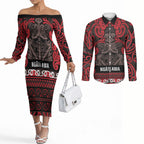 Aotearoa Iwi Ngati Awa Couples Matching Off The Shoulder Long Sleeve Dress and Long Sleeve Button Shirt Maori Wharenui House Tribal Pattern