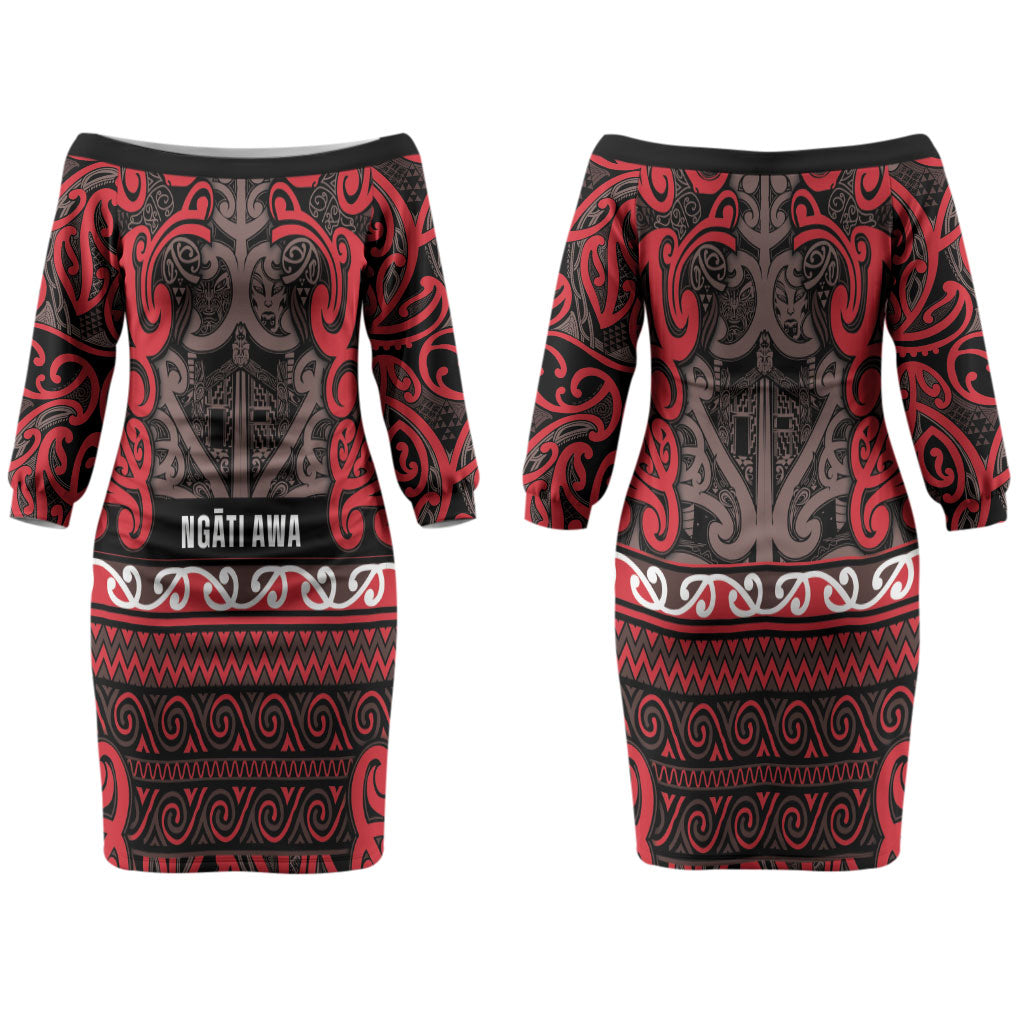 Aotearoa Iwi Ngati Awa Couples Matching Off The Shoulder Long Sleeve Dress and Long Sleeve Button Shirt Maori Wharenui House Tribal Pattern