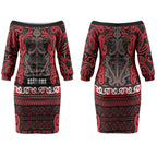 Aotearoa Iwi Ngati Awa Couples Matching Off The Shoulder Long Sleeve Dress and Long Sleeve Button Shirt Maori Wharenui House Tribal Pattern