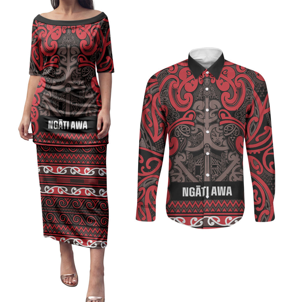 Aotearoa Iwi Ngati Awa Couples Matching Puletasi and Long Sleeve Button Shirt Maori Wharenui House Tribal Pattern