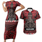 Aotearoa Iwi Ngati Awa Couples Matching Short Sleeve Bodycon Dress and Hawaiian Shirt Maori Wharenui House Tribal Pattern