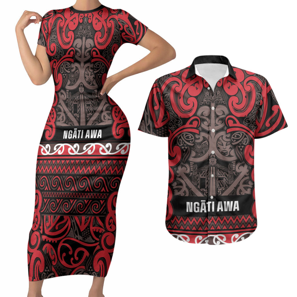 Aotearoa Iwi Ngati Awa Couples Matching Short Sleeve Bodycon Dress and Hawaiian Shirt Maori Wharenui House Tribal Pattern