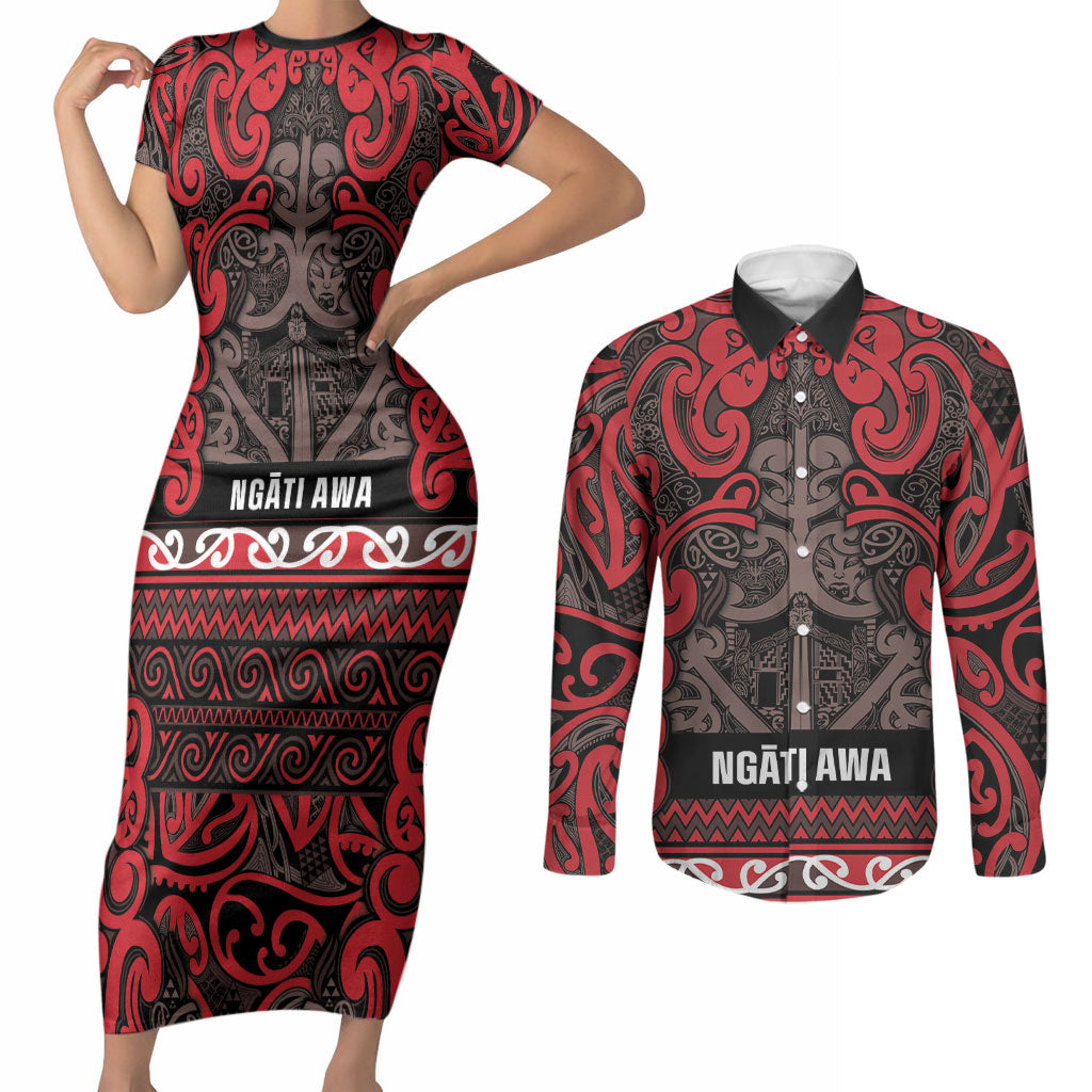 Aotearoa Iwi Ngati Awa Couples Matching Short Sleeve Bodycon Dress and Long Sleeve Button Shirt Maori Wharenui House Tribal Pattern