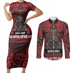 Aotearoa Iwi Ngati Awa Couples Matching Short Sleeve Bodycon Dress and Long Sleeve Button Shirt Maori Wharenui House Tribal Pattern