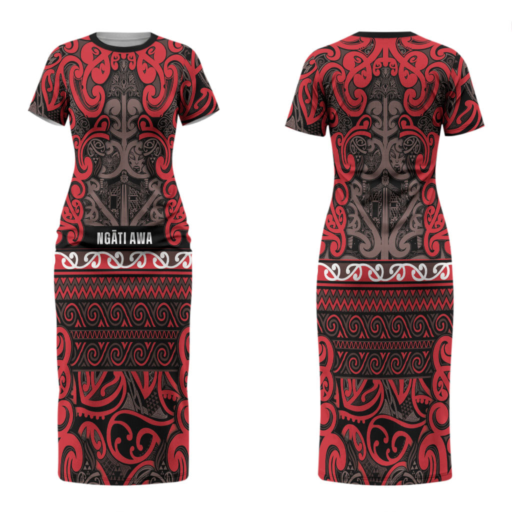 Aotearoa Iwi Ngati Awa Couples Matching Short Sleeve Bodycon Dress and Long Sleeve Button Shirt Maori Wharenui House Tribal Pattern