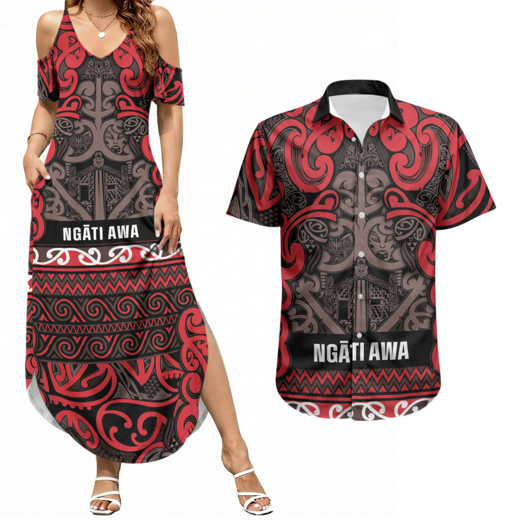 Aotearoa Iwi Ngati Awa Couples Matching Summer Maxi Dress and Hawaiian Shirt Maori Wharenui House Tribal Pattern