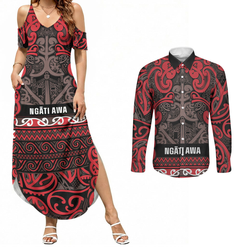 Aotearoa Iwi Ngati Awa Couples Matching Summer Maxi Dress and Long Sleeve Button Shirt Maori Wharenui House Tribal Pattern