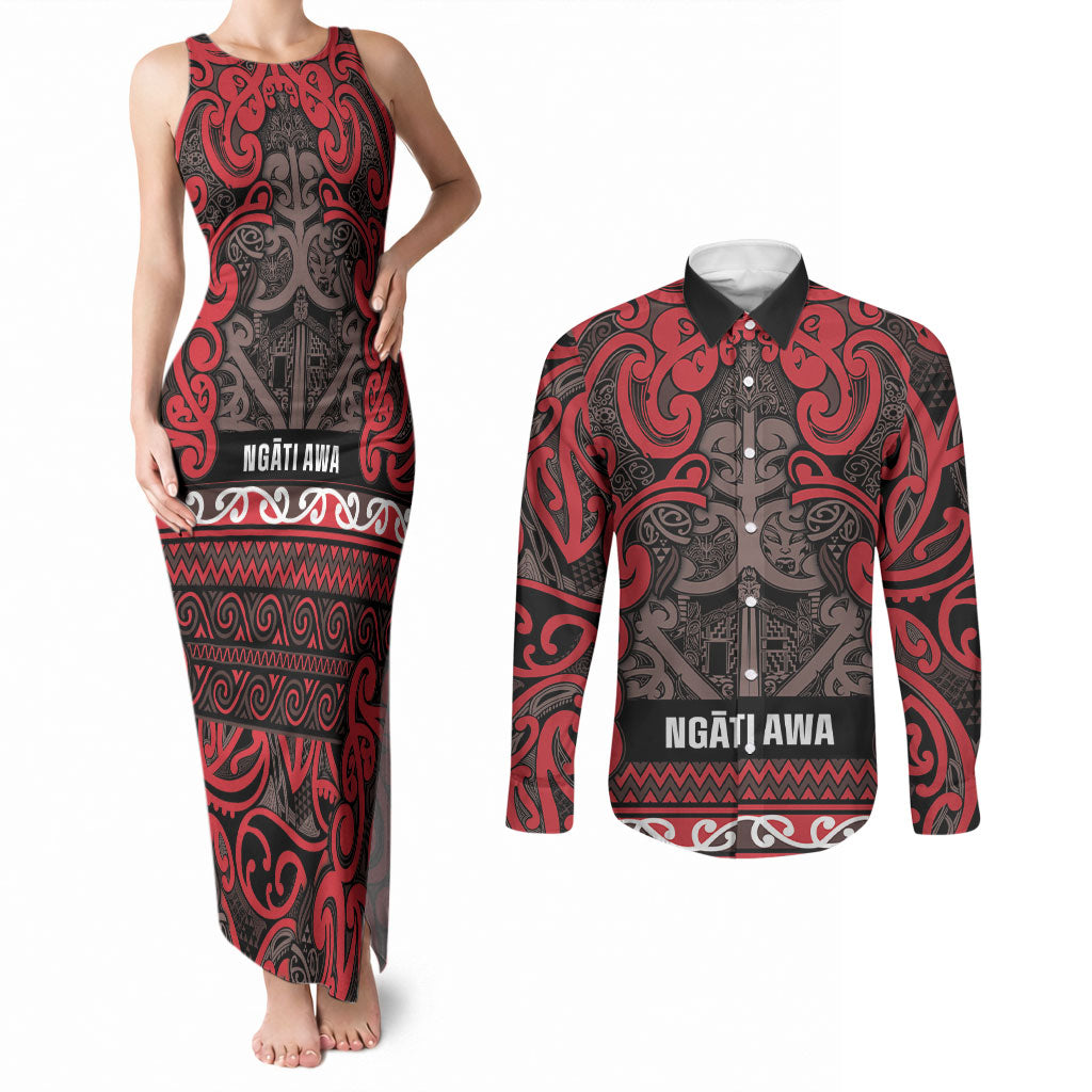 Aotearoa Iwi Ngati Awa Couples Matching Tank Maxi Dress and Long Sleeve Button Shirt Maori Wharenui House Tribal Pattern