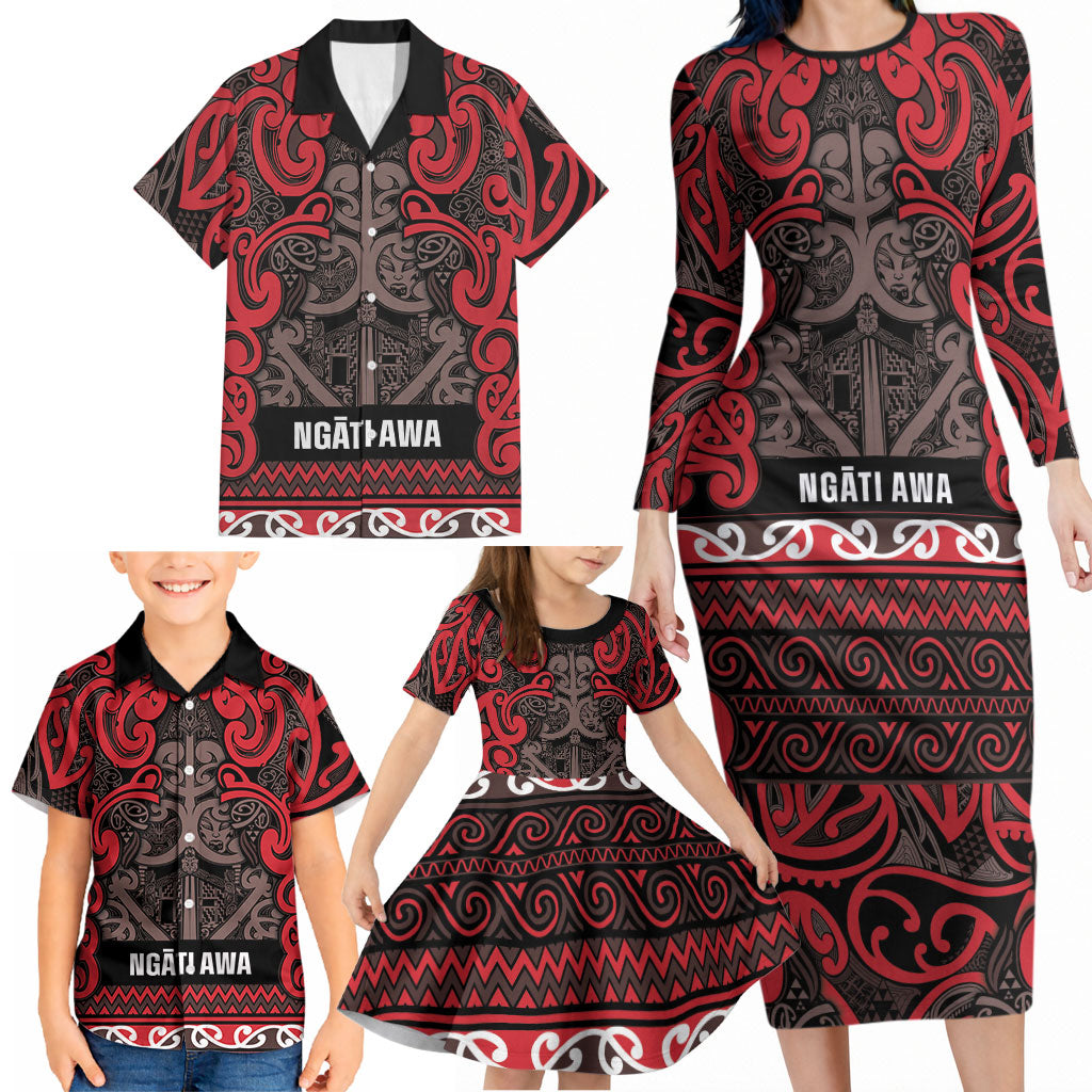 Aotearoa Iwi Ngati Awa Family Matching Long Sleeve Bodycon Dress and Hawaiian Shirt Maori Wharenui House Tribal Pattern