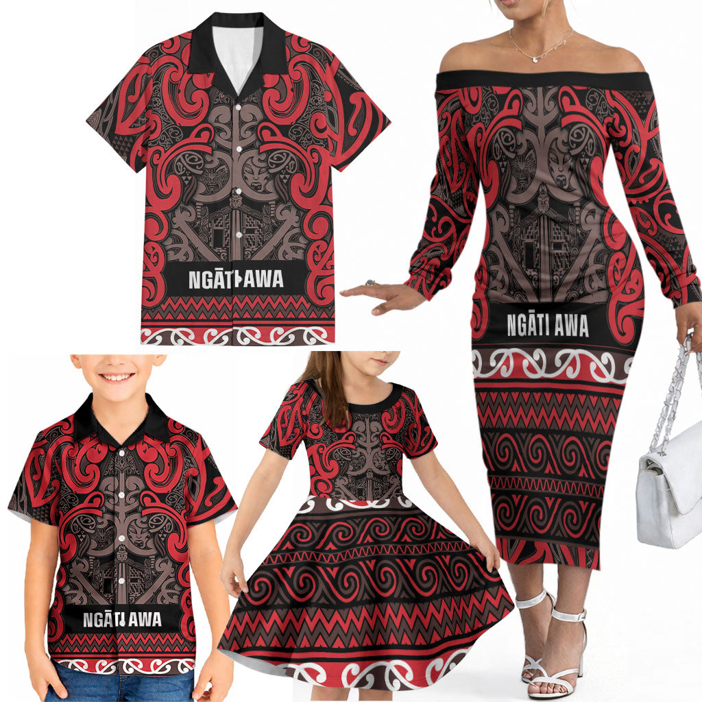 Aotearoa Iwi Ngati Awa Family Matching Off The Shoulder Long Sleeve Dress and Hawaiian Shirt Maori Wharenui House Tribal Pattern