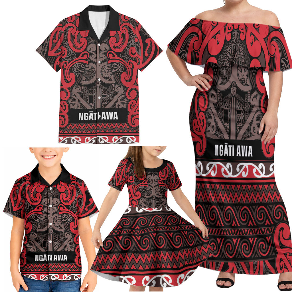 Aotearoa Iwi Ngati Awa Family Matching Off Shoulder Maxi Dress and Hawaiian Shirt Maori Wharenui House Tribal Pattern