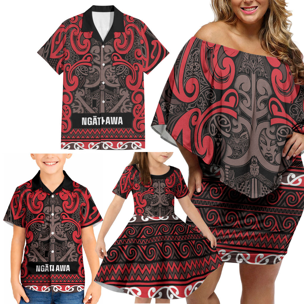 Aotearoa Iwi Ngati Awa Family Matching Off Shoulder Short Dress and Hawaiian Shirt Maori Wharenui House Tribal Pattern