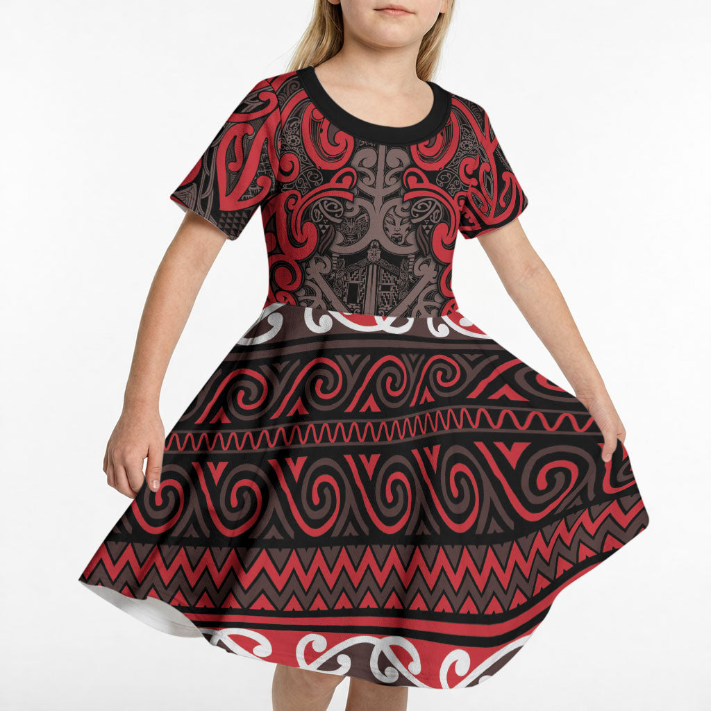 Aotearoa Iwi Ngati Awa Kid Short Sleeve Dress Maori Wharenui House Tribal Pattern