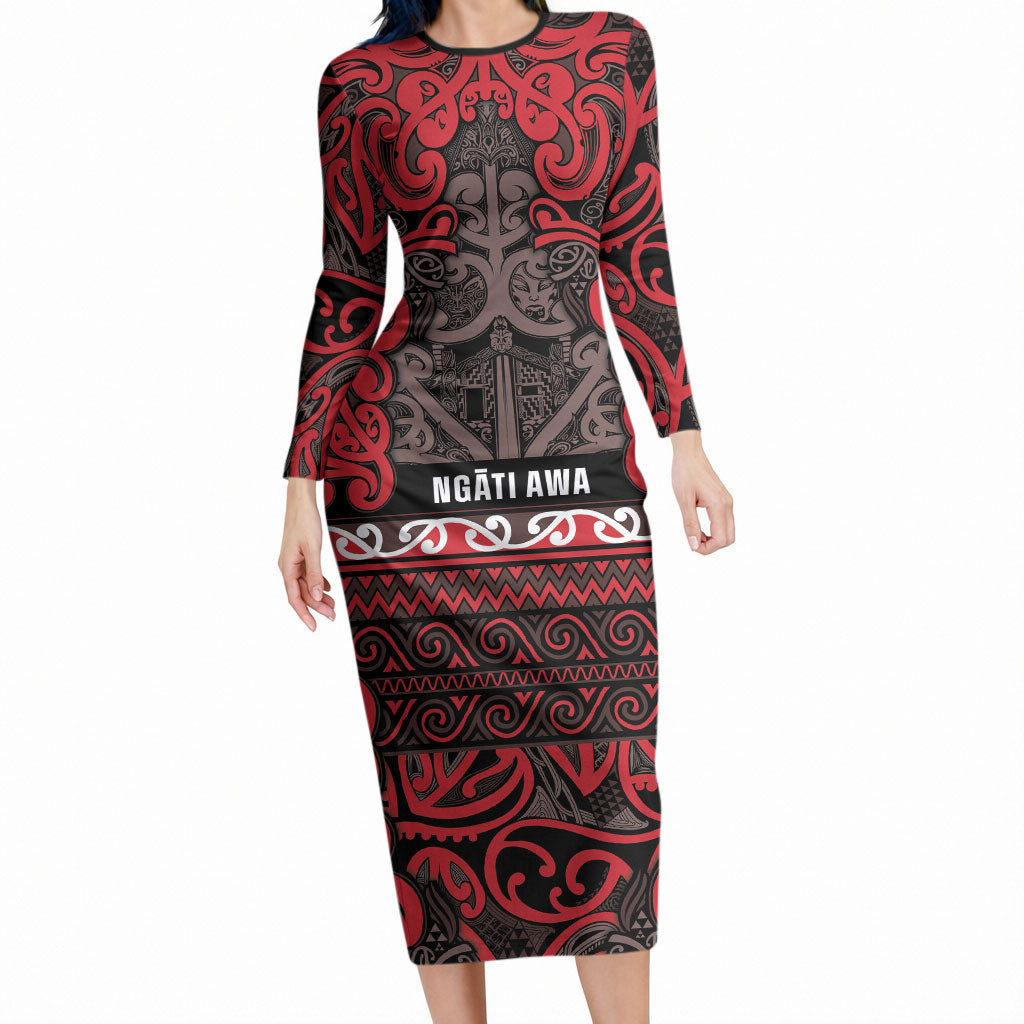 Aotearoa Iwi Ngati Awa Long Sleeve Bodycon Dress Maori Wharenui House Tribal Pattern
