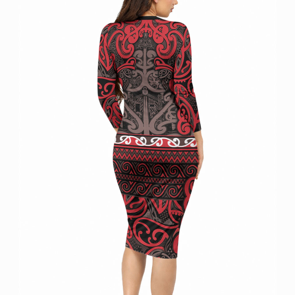 Aotearoa Iwi Ngati Awa Long Sleeve Bodycon Dress Maori Wharenui House Tribal Pattern