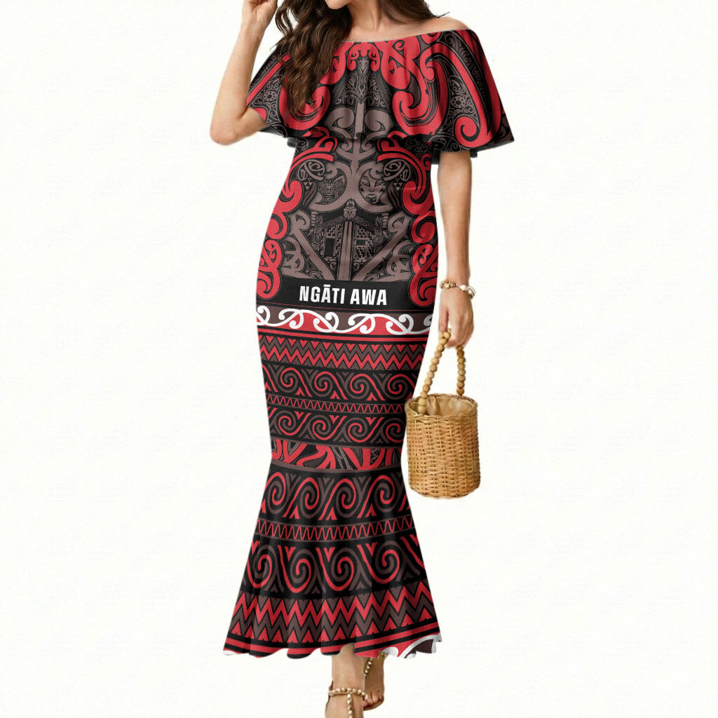 Aotearoa Iwi Ngati Awa Mermaid Dress Maori Wharenui House Tribal Pattern