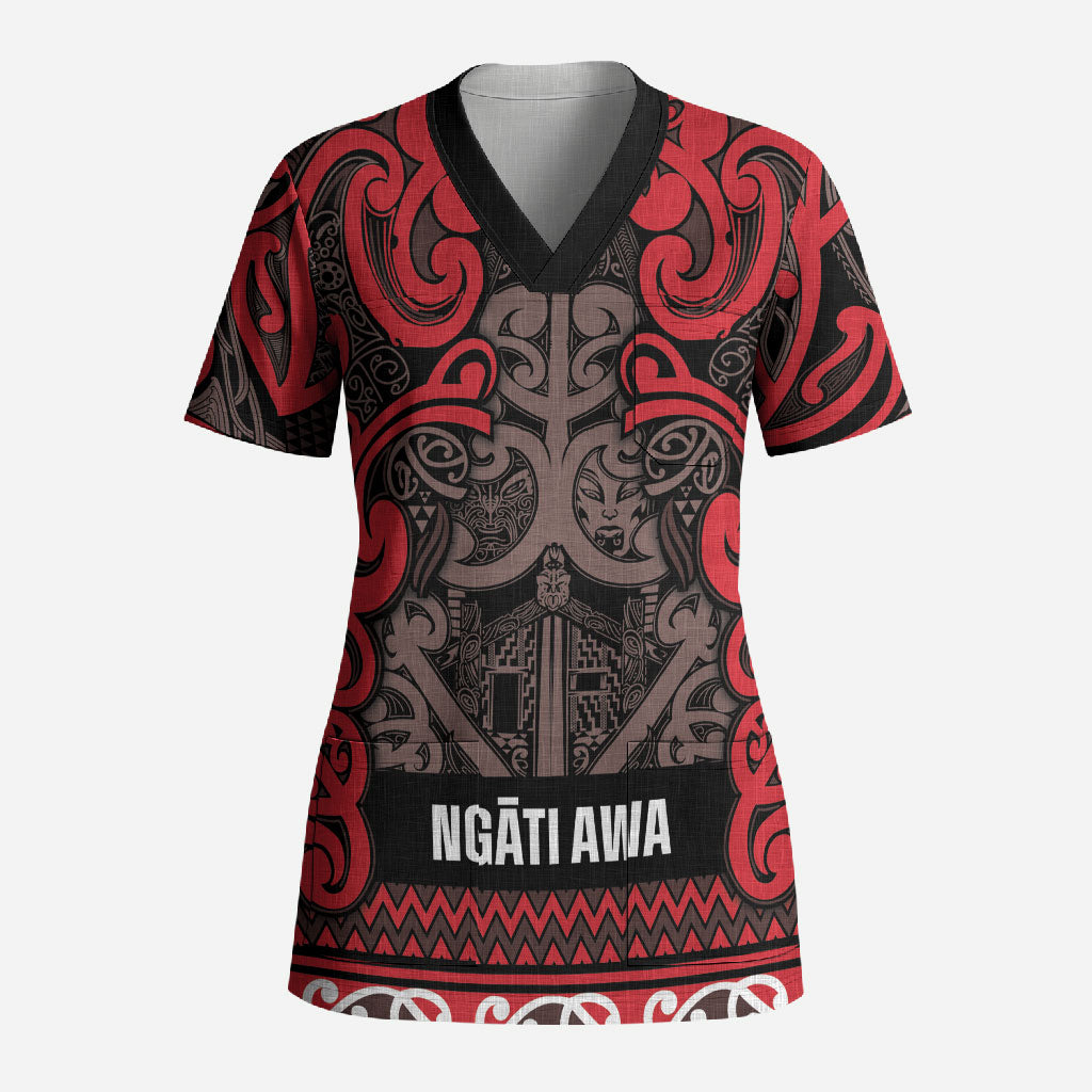 Aotearoa Iwi Ngati Awa Scrub Top Maori Wharenui House Tribal Pattern