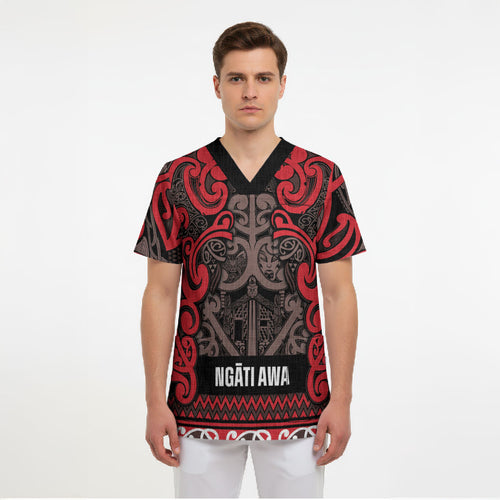 Aotearoa Iwi Ngati Awa Scrub Top Maori Wharenui House Tribal Pattern