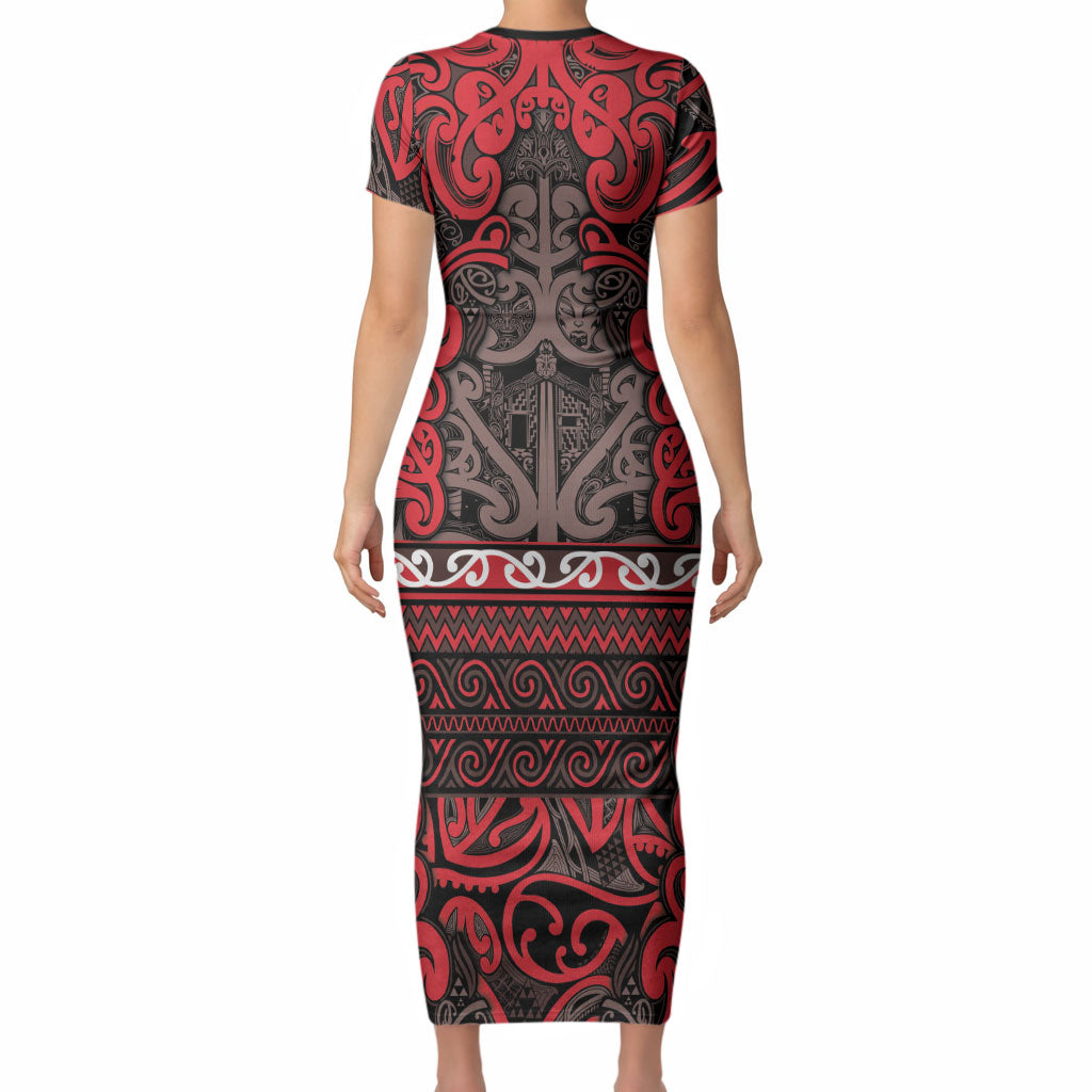 Aotearoa Iwi Ngati Awa Short Sleeve Bodycon Dress Maori Wharenui House Tribal Pattern