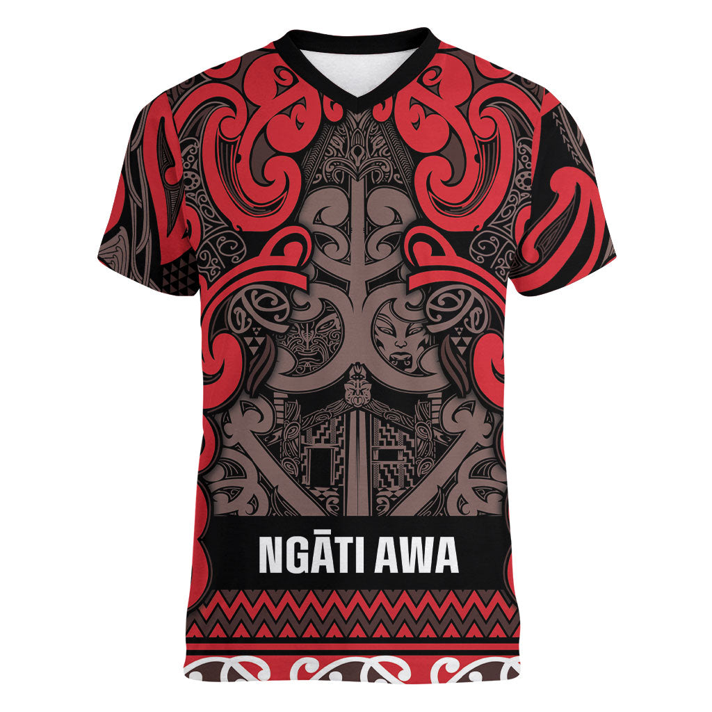 Aotearoa Iwi Ngati Awa Women V-Neck T-Shirt Maori Wharenui House Tribal Pattern