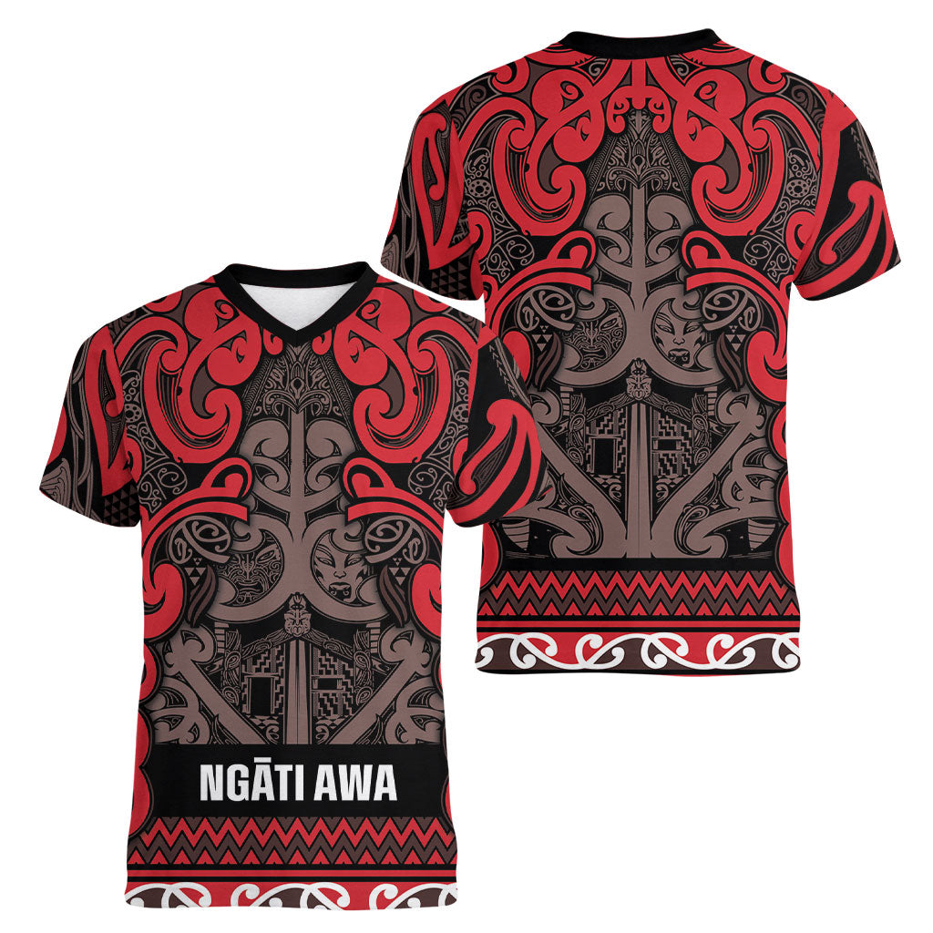 Aotearoa Iwi Ngati Awa Women V-Neck T-Shirt Maori Wharenui House Tribal Pattern