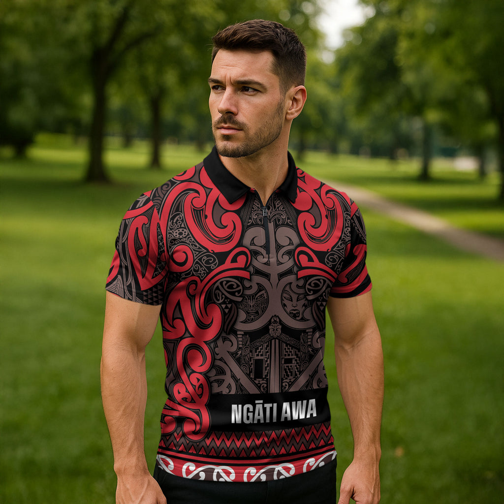 Aotearoa Iwi Ngati Awa Zipper Polo Shirt Maori Wharenui House Tribal Pattern