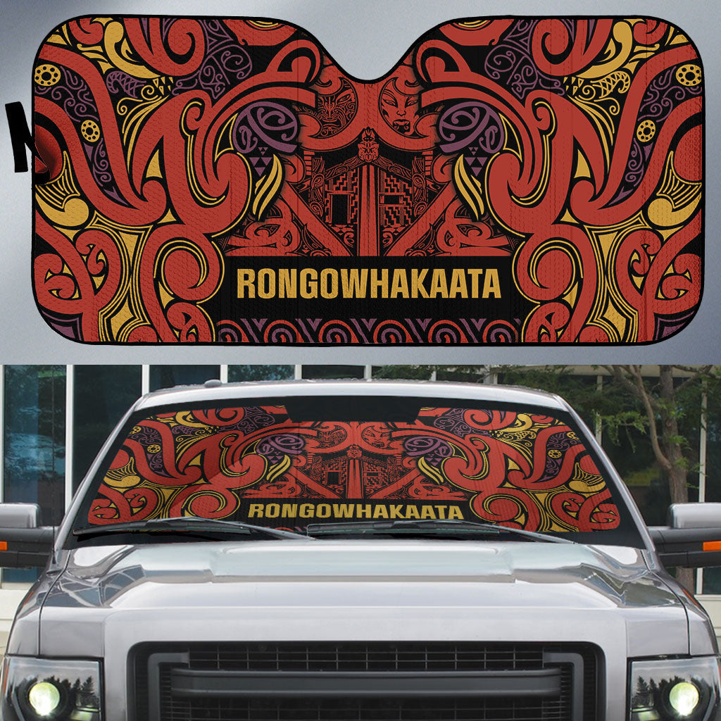 Aotearoa Iwi Rongowhakaata Auto Sun Shade Maori Wharenui House Tribal Pattern