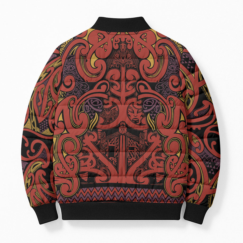Aotearoa Iwi Rongowhakaata Bomber Puffer Jacket Maori Wharenui House Tribal Pattern