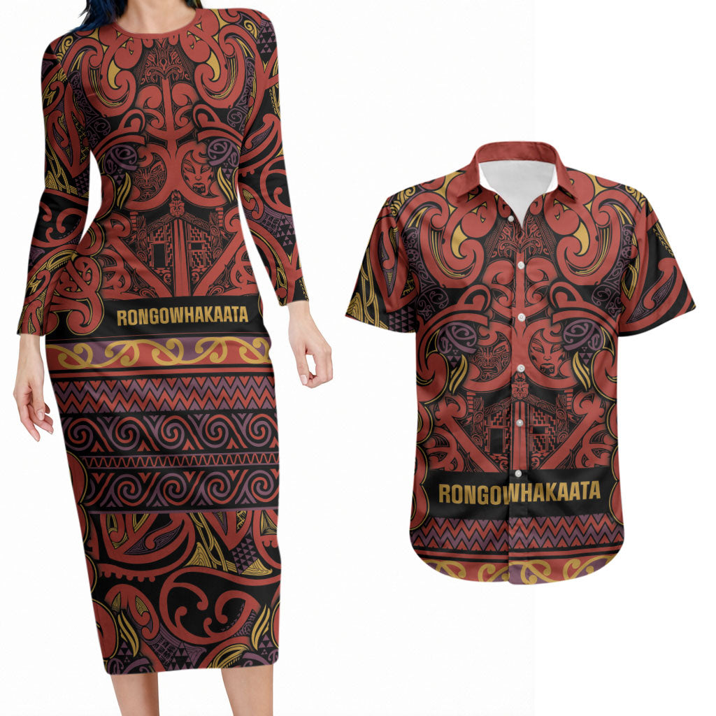 Aotearoa Iwi Rongowhakaata Couples Matching Long Sleeve Bodycon Dress and Hawaiian Shirt Maori Wharenui House Tribal Pattern