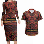 Aotearoa Iwi Rongowhakaata Couples Matching Long Sleeve Bodycon Dress and Hawaiian Shirt Maori Wharenui House Tribal Pattern