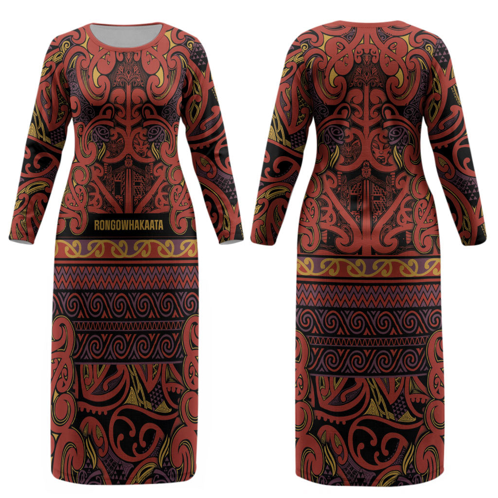 Aotearoa Iwi Rongowhakaata Couples Matching Long Sleeve Bodycon Dress and Hawaiian Shirt Maori Wharenui House Tribal Pattern