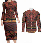 Aotearoa Iwi Rongowhakaata Couples Matching Long Sleeve Bodycon Dress and Long Sleeve Button Shirt Maori Wharenui House Tribal Pattern