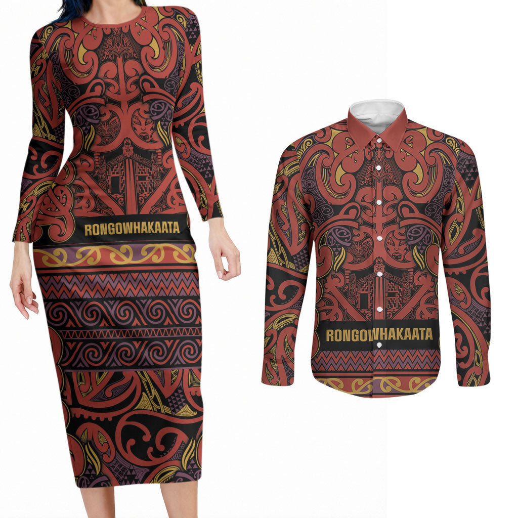 Aotearoa Iwi Rongowhakaata Couples Matching Long Sleeve Bodycon Dress and Long Sleeve Button Shirt Maori Wharenui House Tribal Pattern